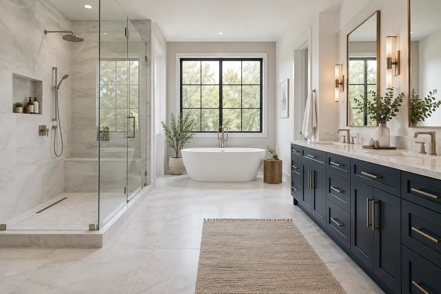 Luxury bathroom remodel with navy vanity
