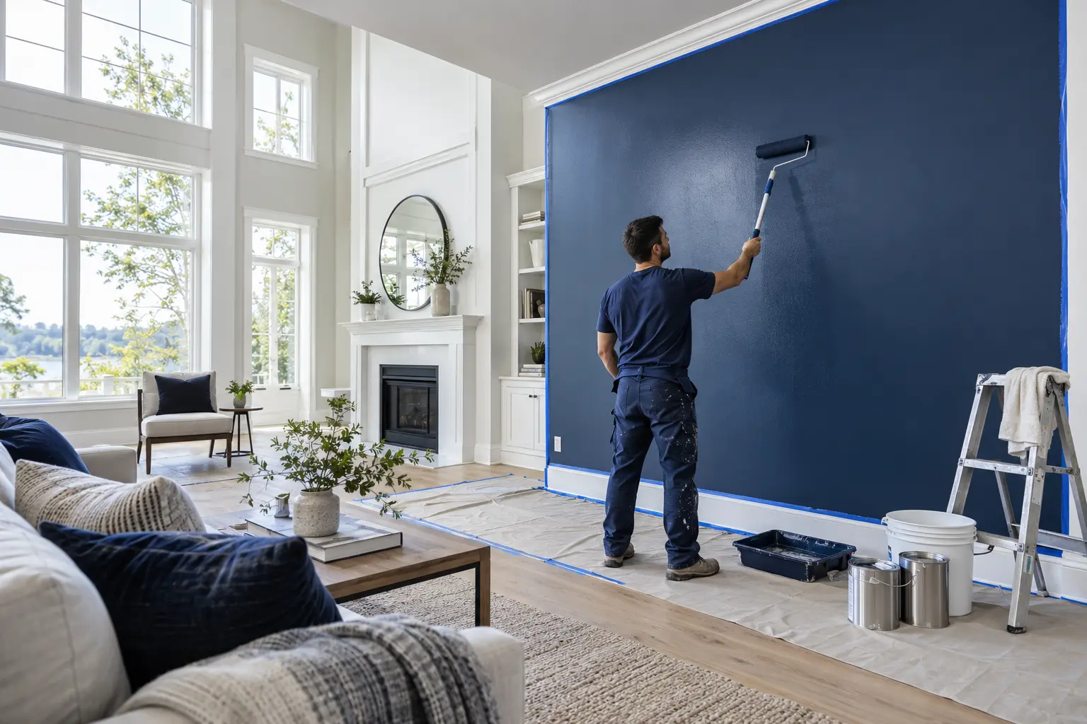 Professional painter applying a navy accent wall